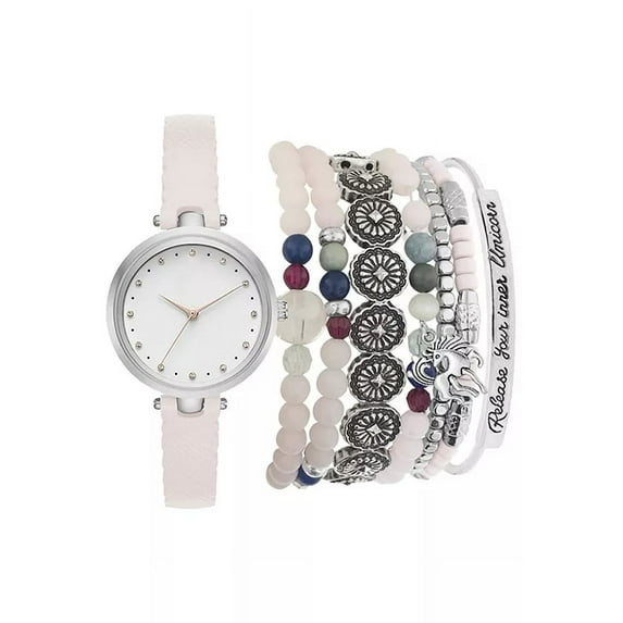 Jessica Carlyle Women's Analog Blush Strap Watch with Silver Tone Stackable Bracelets Set