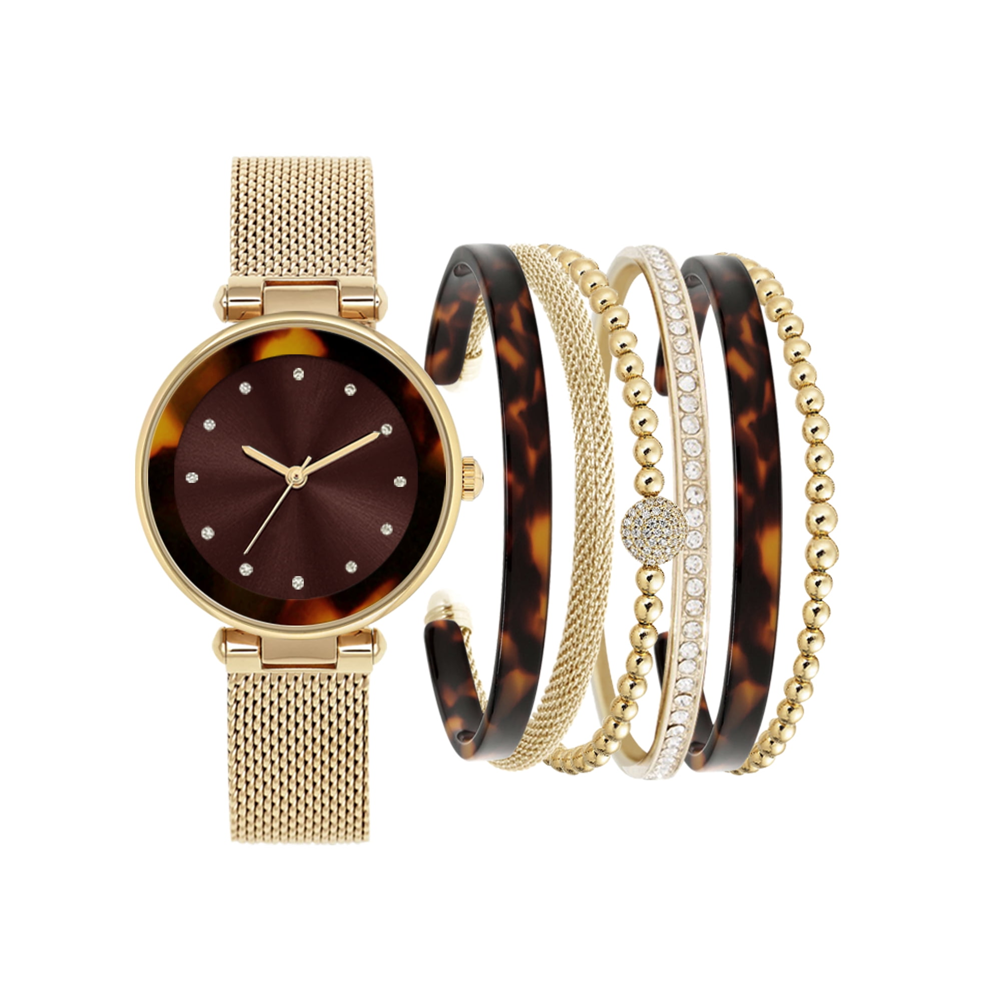 Jessica Carlyle Women's Gold Mesh Strap Analog Watch with Brown Tortoise Stackable Resin Bracelets Gift Set