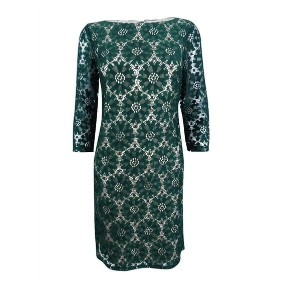 Jessica Howard Illusion-Sleeve Lace Sheath Dress (6, Hunter Green)