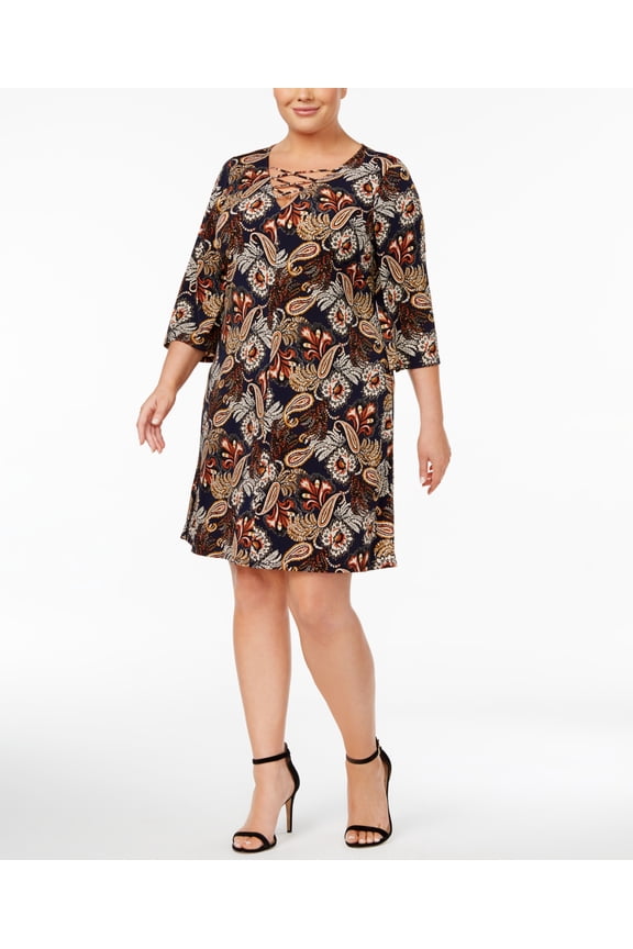 Plus Size Printed Lace Up Dress Brown Multi 14W