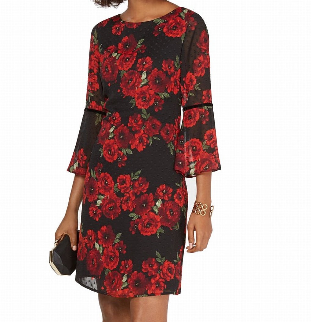 Jessica Howard Women's Bell-Sleeve Floral Shift Dress (6, Black