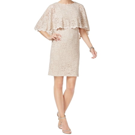 Jessica Howard Women's Petite Glitter Lace Capelet Dress (6P, Champagne)