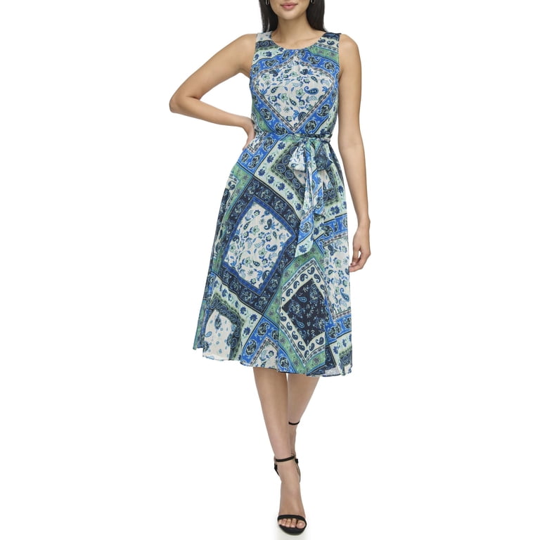 Jessica Howard Women's Sleeveless Round Neck Tie Waist Chiffon Midi Dress, Navy/Green, 14