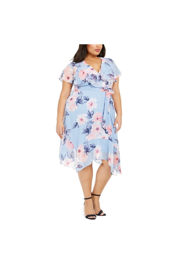 Womens Floral-Print Wrap Dress, Blue, Petite, 6P