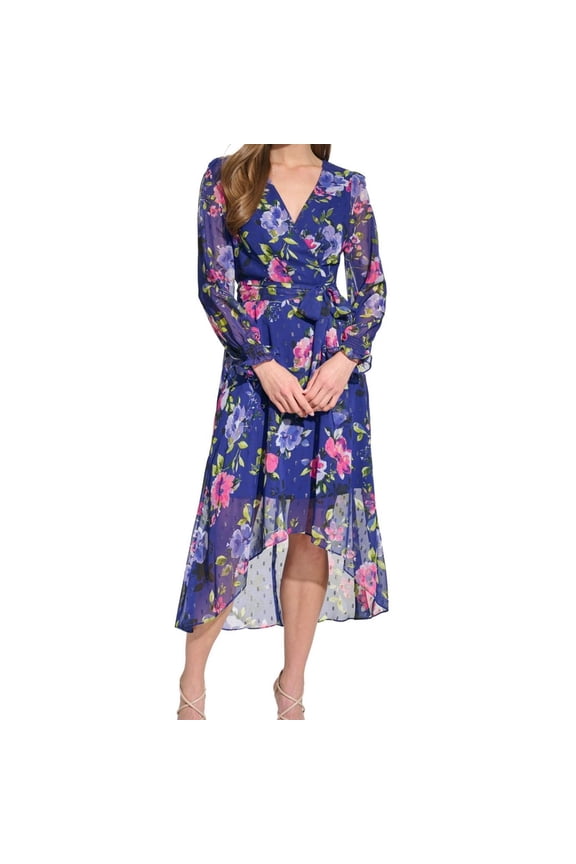 Womens V Neck Floral High Low Flounce Dress, Blue, 8