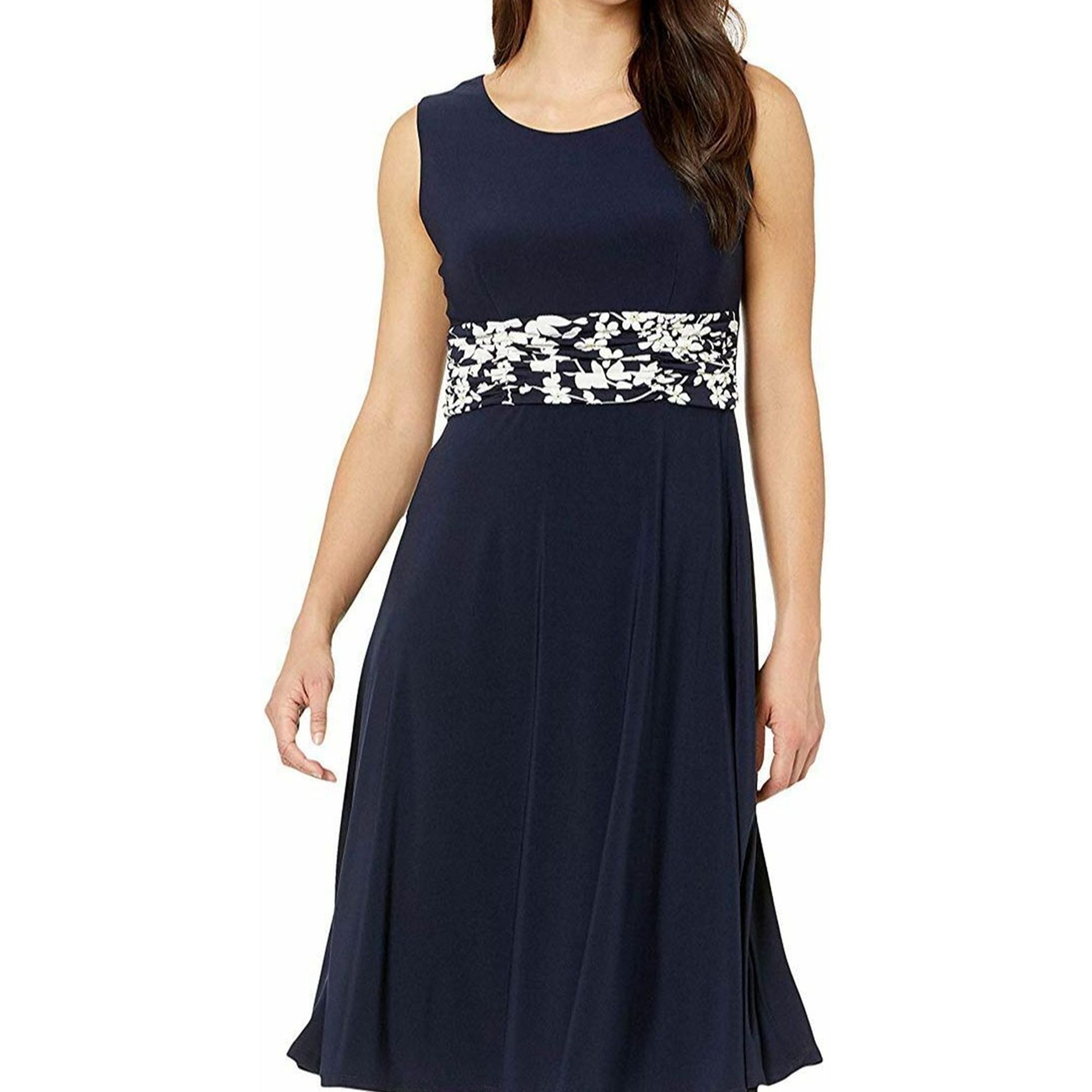 Jessica Howard Womens Ruched Floral A-Line Dress, Navy, 14W