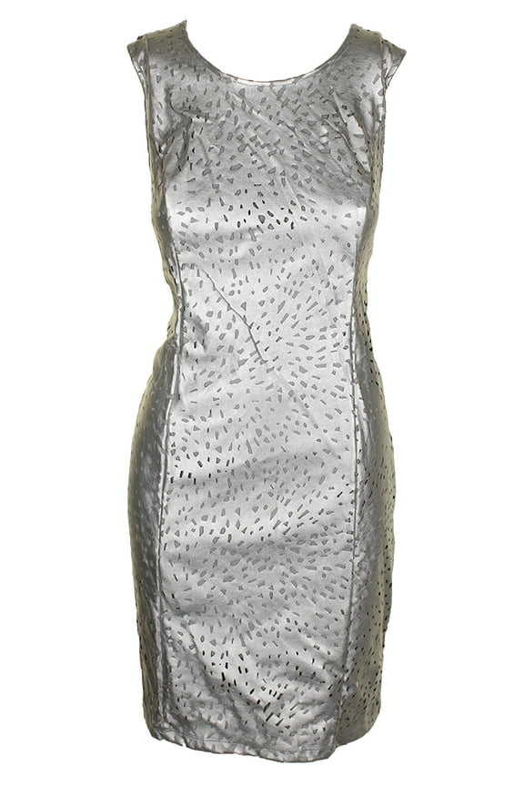 Womens Silver Sleeveless Laser Cut Front Faux-Leather Sheath Dress 10