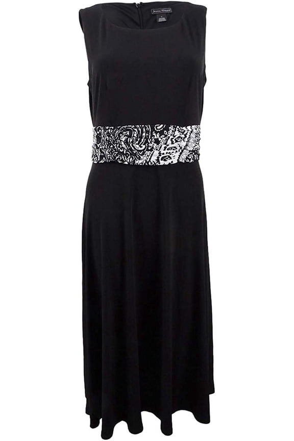 Womens Sleeveless Dress with Ruched Waist,Black/Ivory,4P