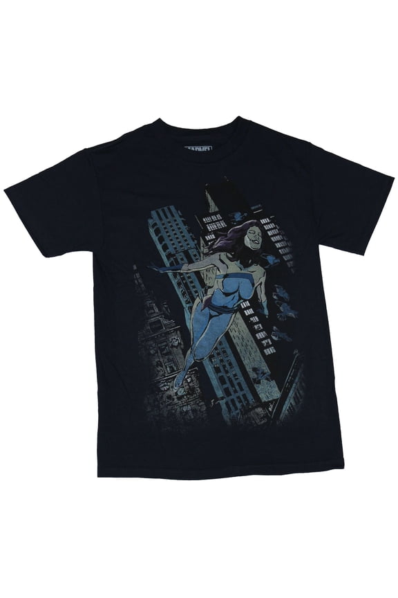 Jessica Jones (Marvel Comics)  Mens T-Shirt - Jess In Flight Over City Image (Small)