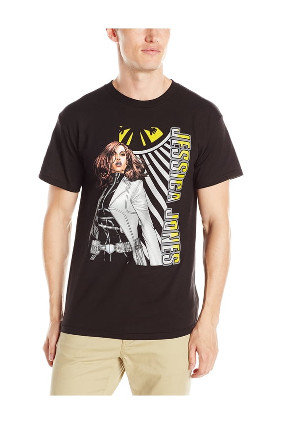 Jessica Jones (Marvel Comics) Mens T-Shirt - White Jacket On Shield Logo (Large)