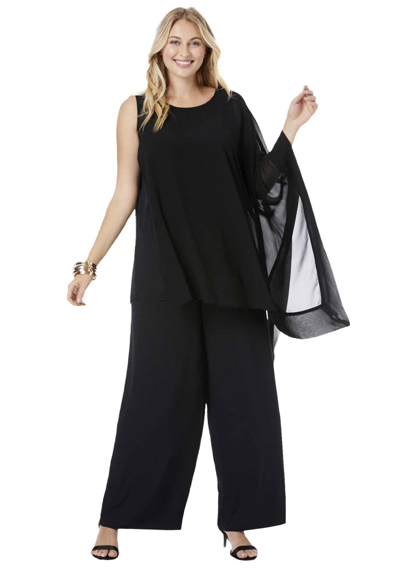 Jessica London Women's Plus Size 2 Piece Pant Set Elastic Waist Pull-On Dress  Pants Long Tunic Top - 12 W, Black 