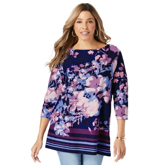 Jessica London Women's Plus Size Boatneck Tunic Top 3/4 Sleeve Shirt Loose Fit