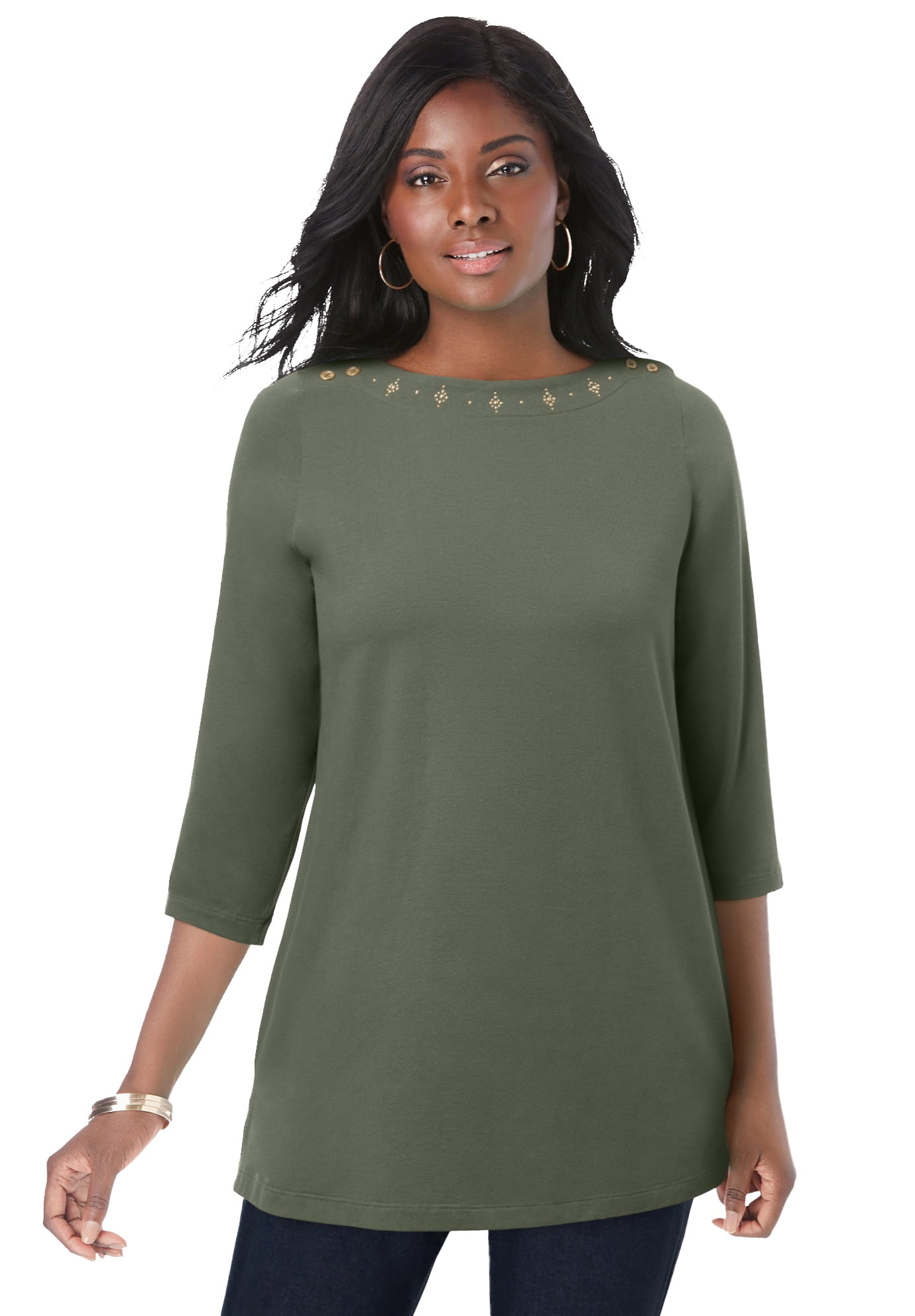 Jessica London Women's Plus Size Boatneck Tunic Top 3/4 Sleeve Shirt Loose Fit 12 Bias Blackwatch Green
