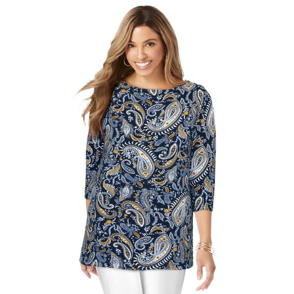 Jessica London Women's Plus Size Boatneck Tunic Top 3/4 Sleeve Shirt Loose Fit