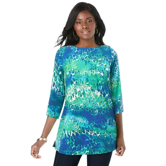 Jessica London Women's Plus Size Boatneck Tunic Top 3/4 Sleeve Shirt  Loose Fit