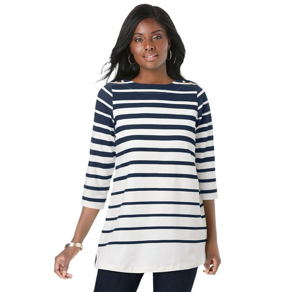 Jessica London Women's Plus Size Boatneck Tunic Top 3/4 Sleeve Shirt  Loose Fit