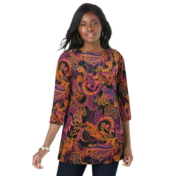 Jessica London Women's Plus Size Boatneck Tunic Top 3/4 Sleeve Shirt Loose Fit