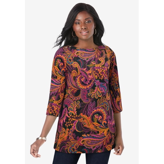 Jessica London Women's Plus Size Boatneck Tunic Top 3/4 Sleeve Shirt Loose Fit