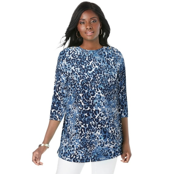 Jessica London Women's Plus Size Boatneck Tunic Top 3/4 Sleeve Shirt Loose Fit