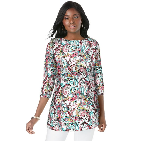 Jessica London Women's Plus Size Boatneck Tunic Top 3/4 Sleeve Shirt Loose Fit