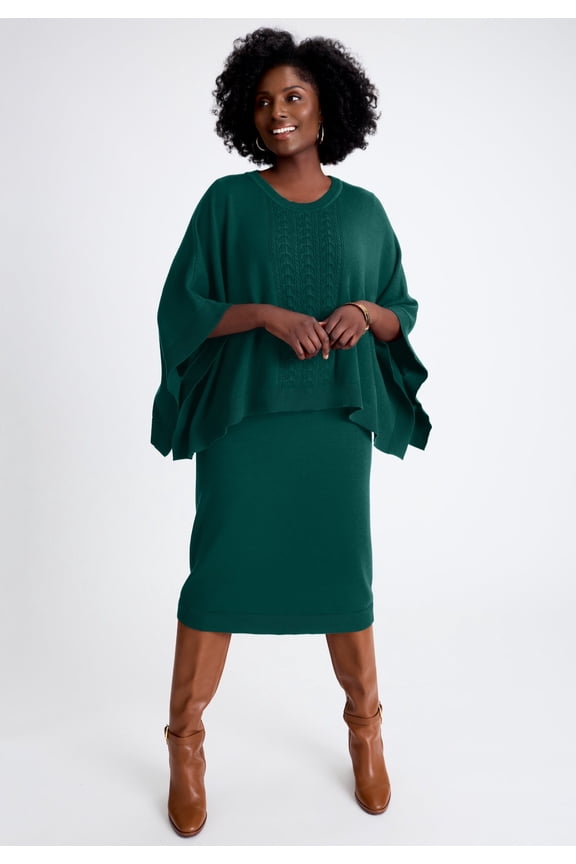 Women's Plus Size Cable Knit Cape Sweater Dress