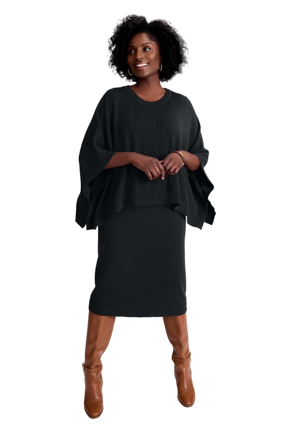 Women's Plus Size Cable Knit Cape Sweater Dress