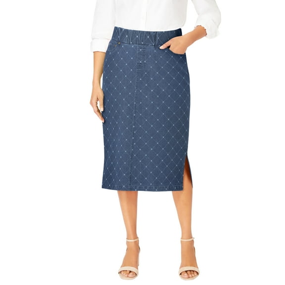 Jessica London Women's Plus Size Casual Comfort Elastic Waist Stretch Denim Midi Skirt