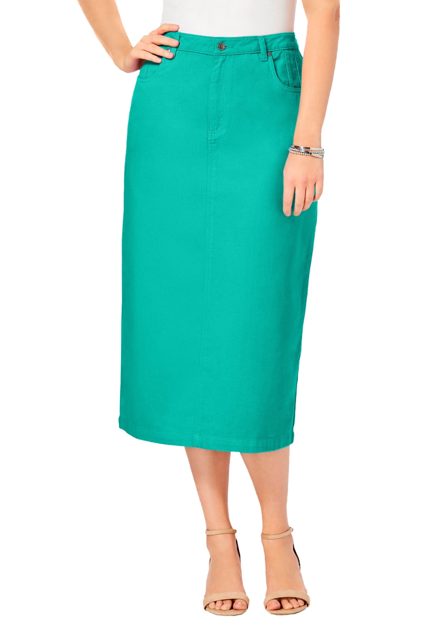 Jessica London Women's Plus Size Classic Cotton Denim Midi Skirt Pockets Long Jean Skirt