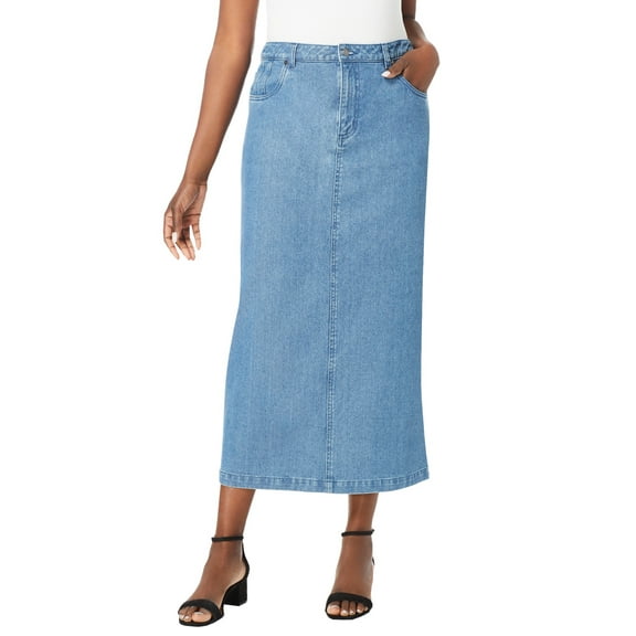 Jessica London Women's Plus Size Classic Cotton Denim Midi Skirt Pockets Long Jean Skirt