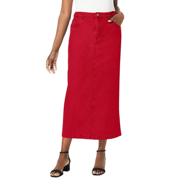 Jessica London Women's Plus Size Classic Cotton Denim Midi Skirt Pockets Long Jean Skirt