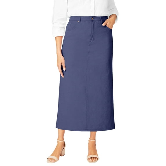 Jessica London Women's Plus Size Classic Cotton Denim Midi Skirt Pockets Long Jean Skirt