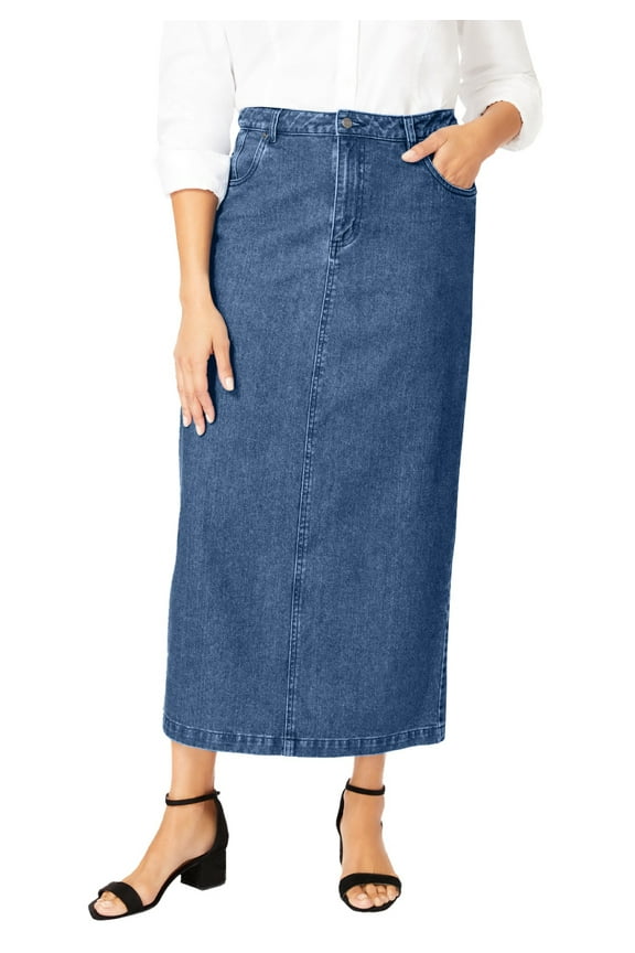 Women's Plus Size Classic Cotton Denim Midi Skirt Pockets Long Jean Skirt