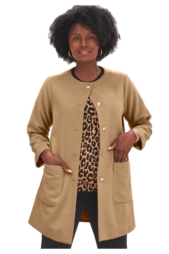Women's Plus Size Collarless Button Front Coat