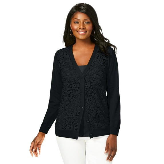 Jessica London Women's Plus Size Crochet Button-Front Cardigan