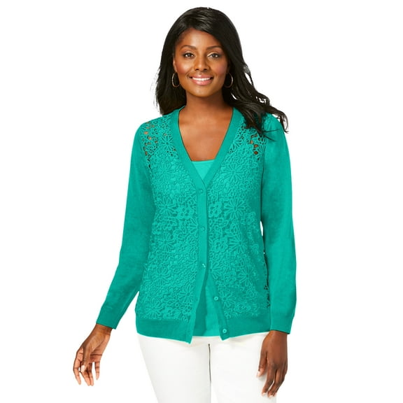 Jessica London Women's Plus Size Crochet Button-Front Cardigan