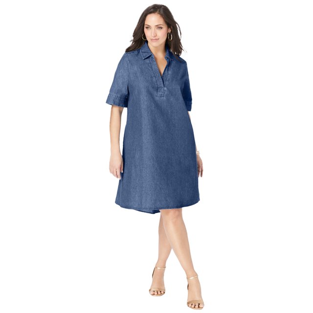 Jessica London Women's Plus Size Cuff Sleeve Denim Shirtdress - Walmart.com