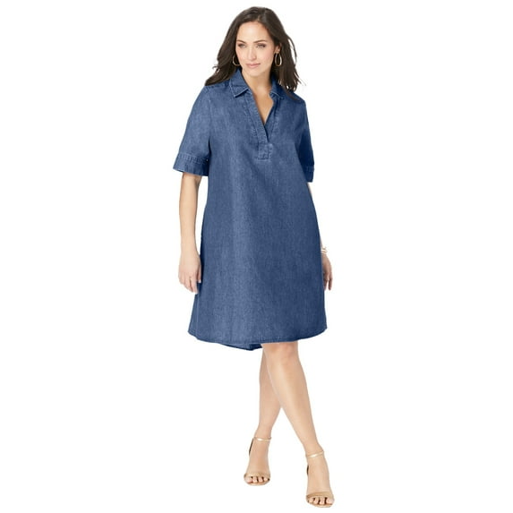 Jessica London Women's Plus Size Cuff Sleeve Denim Shirtdress
