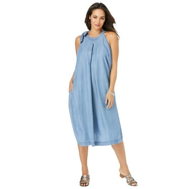 Jessica London Women's Plus Size Denim Tie-Neck Dress