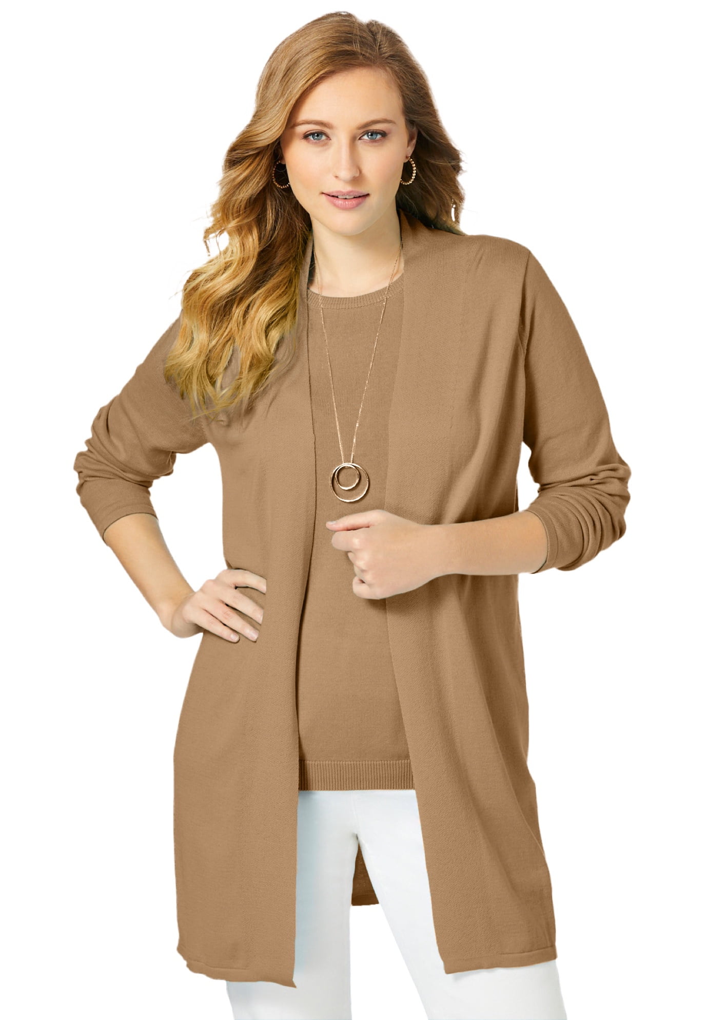 Jessica London Plus Size Women s Fine Gauge Cardigan Sweater Open Front Long Sleeve Soft Camel Size 12 Walmart