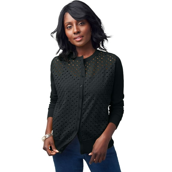 Jessica London Women's Plus Size Fine Gauge Eyelet Cardigan