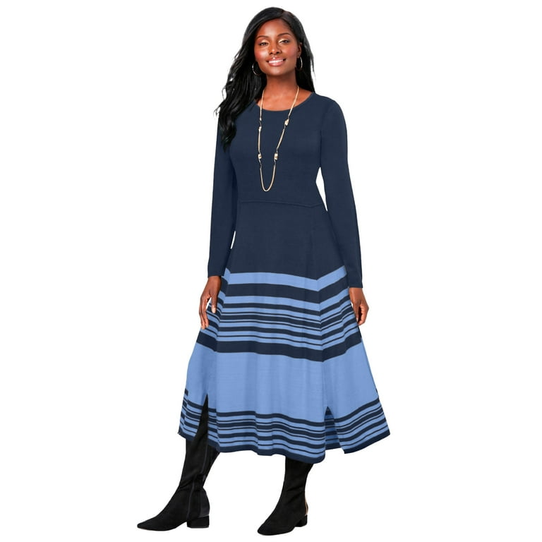 Jessica London Women s Plus Size Fit and Flare Sweater Dress 18 20 Navy French Blue