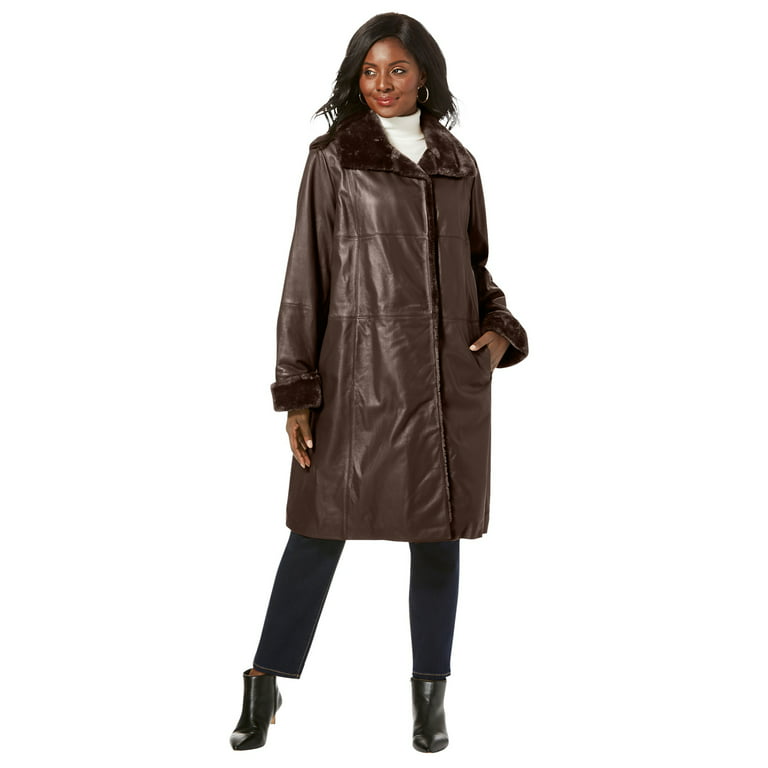 Jessica London Women's Plus Size Fur-Trim Leather Swing Coat Leather Jacket