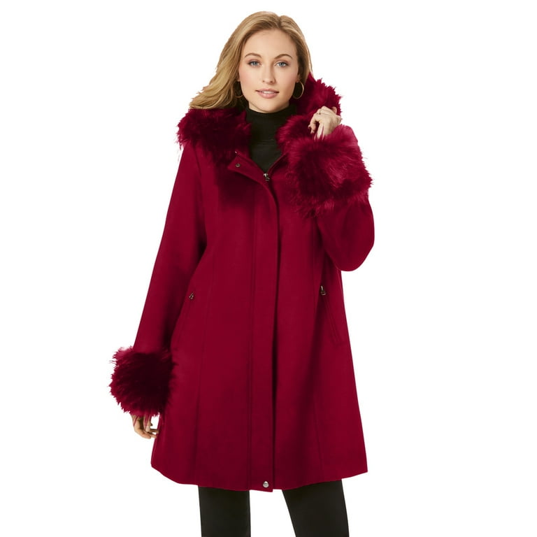 Jessica London Women's Plus Size Hooded Faux Fur Trim Coat Winter Wool  Hooded Swing Coat