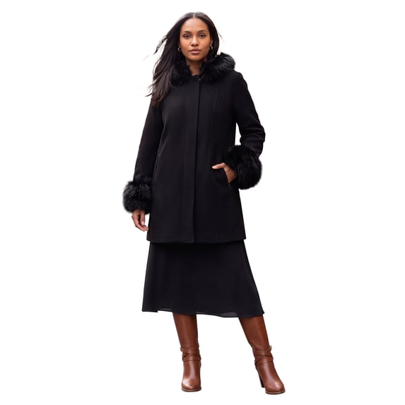 Jessica London Women's Plus Size Hooded Faux Fur Trim Coat