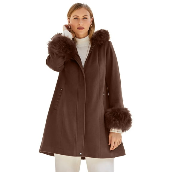 Jessica London Women's Plus Size Hooded Faux Fur Trim Coat