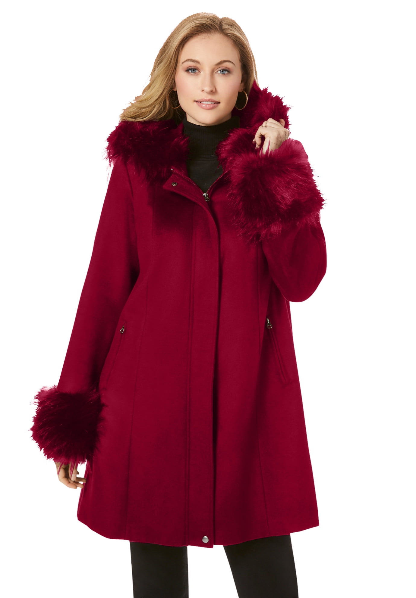 Jessica London Women's Plus Size Hooded Faux Fur Trim Coat