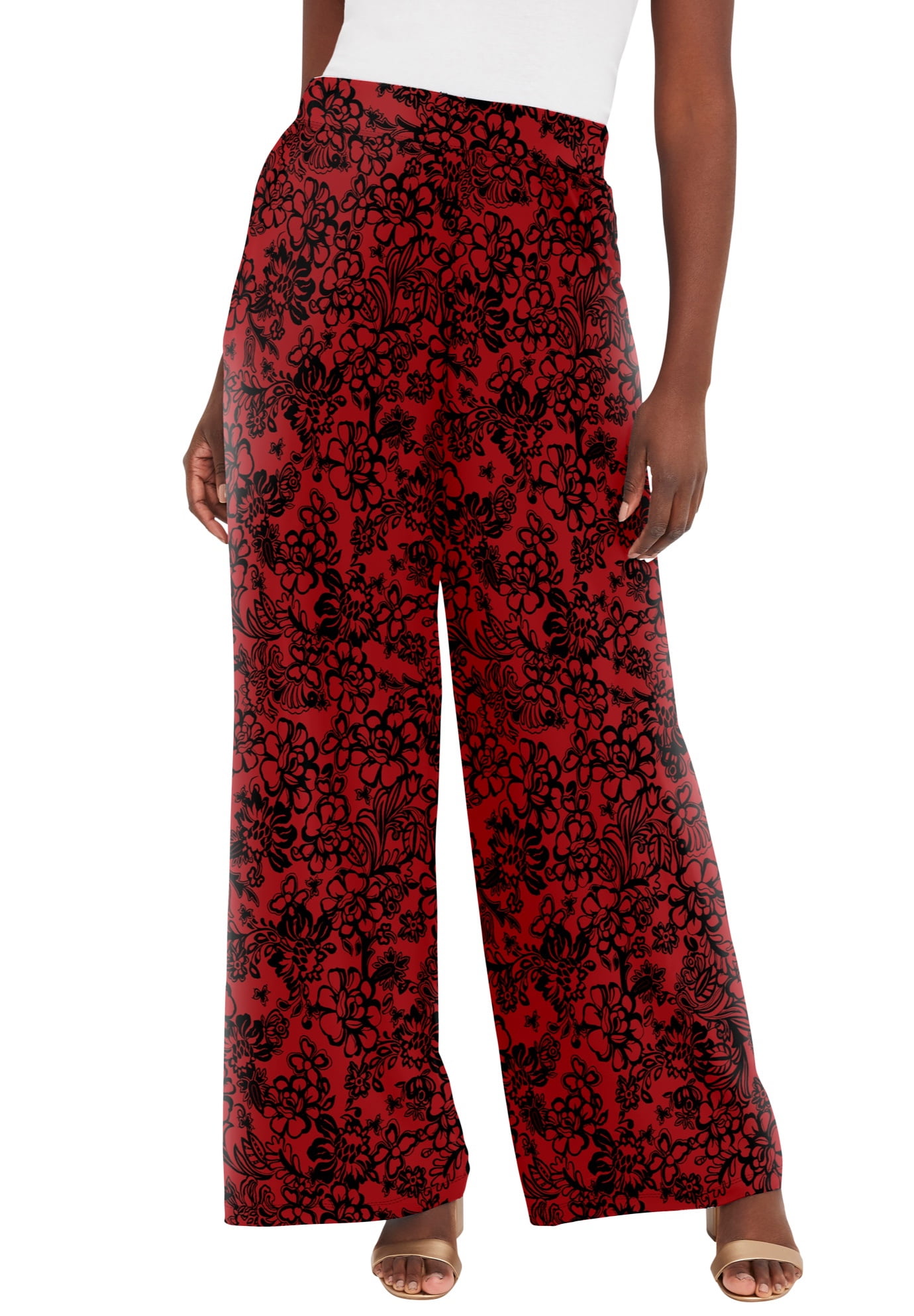 Jessica London Women's Plus Size Knit Palazzo Pant Wide Leg Stretch Dress  Pants - 30/32, Classic Red Flower 