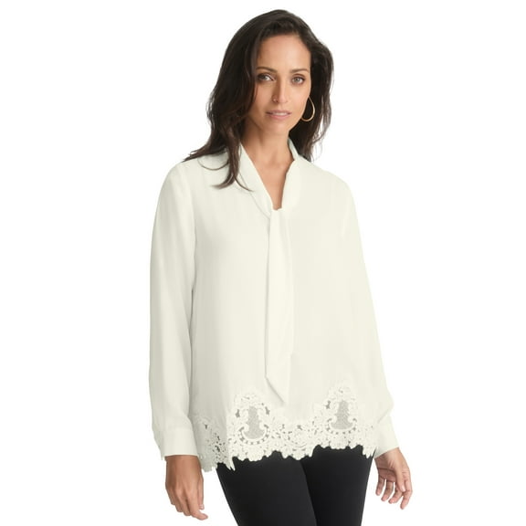Jessica London Women's Plus Size Lace Trim Bow Blouse