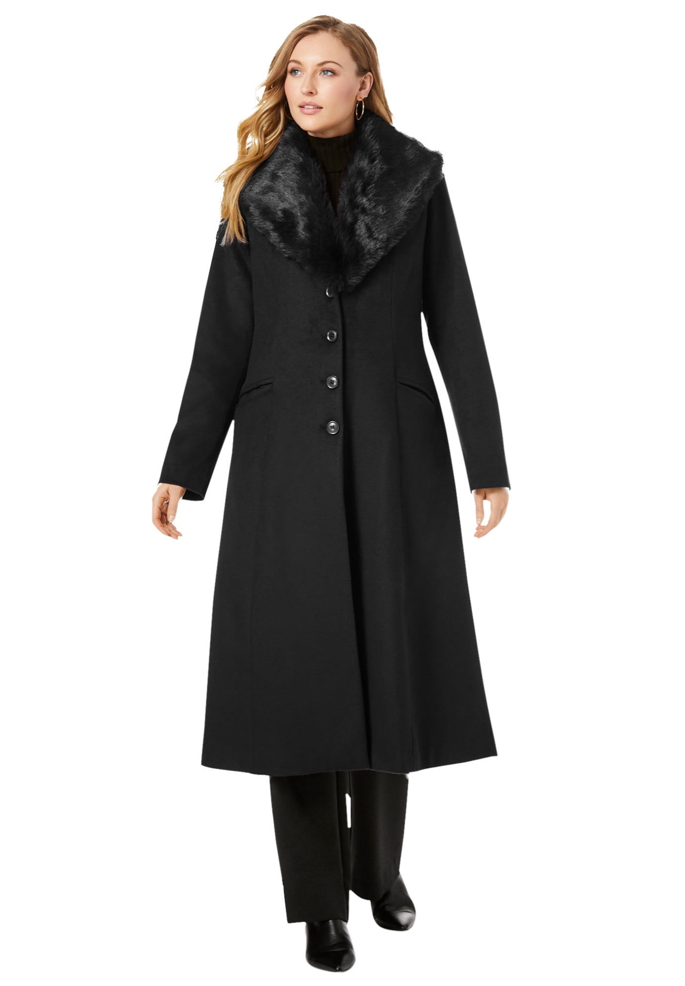 Jessica London Women's Plus Size Long Wool-Blend Coat With Faux Fur Collar  Coat
