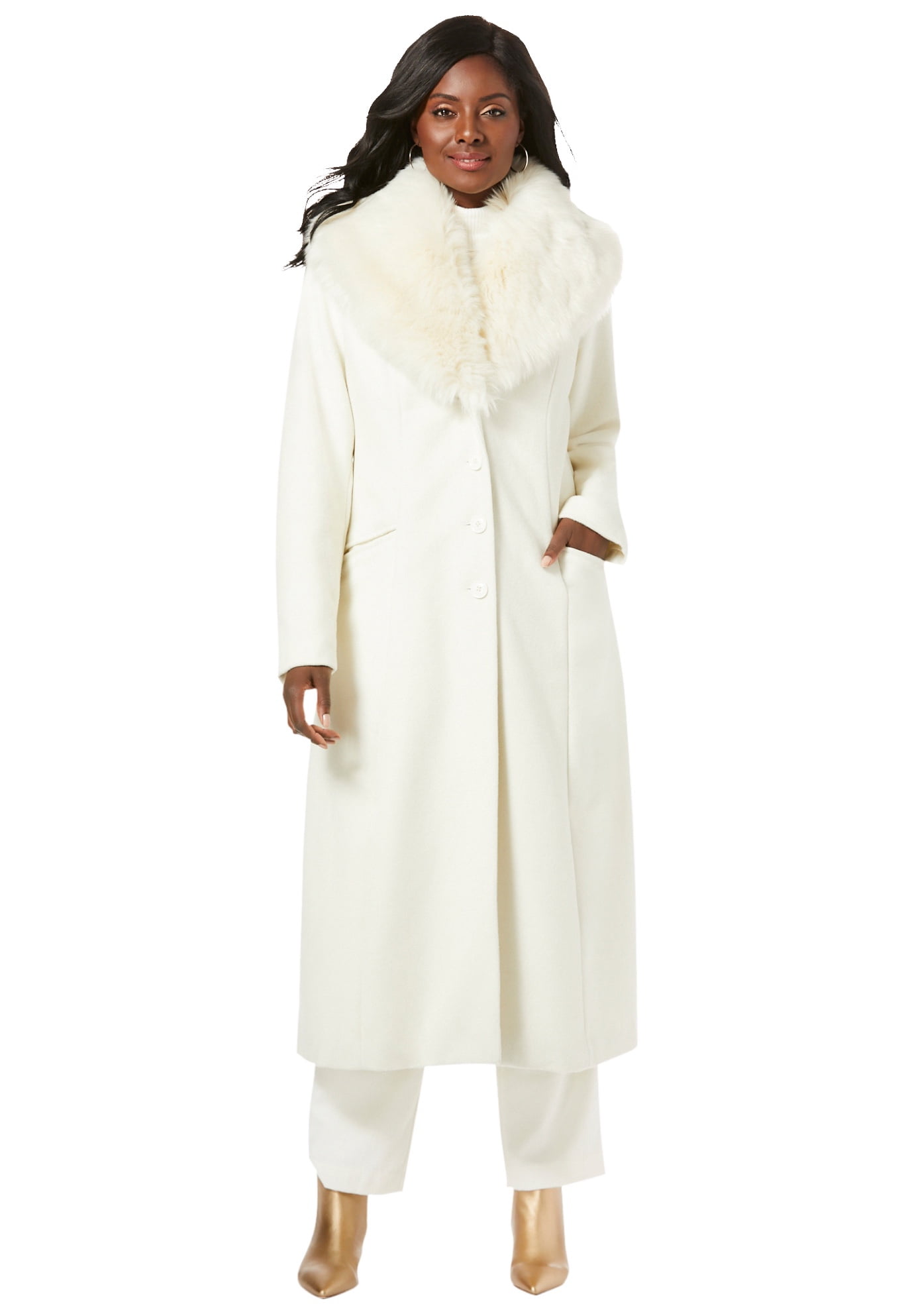 Jessica London Women's Plus Size Long Wool-Blend Coat With Faux